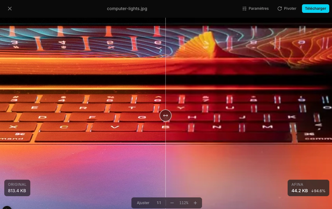 Afina visual comparator — original image (813 KB) vs optimized (44 KB, 94.6% reduction) with before/after slider